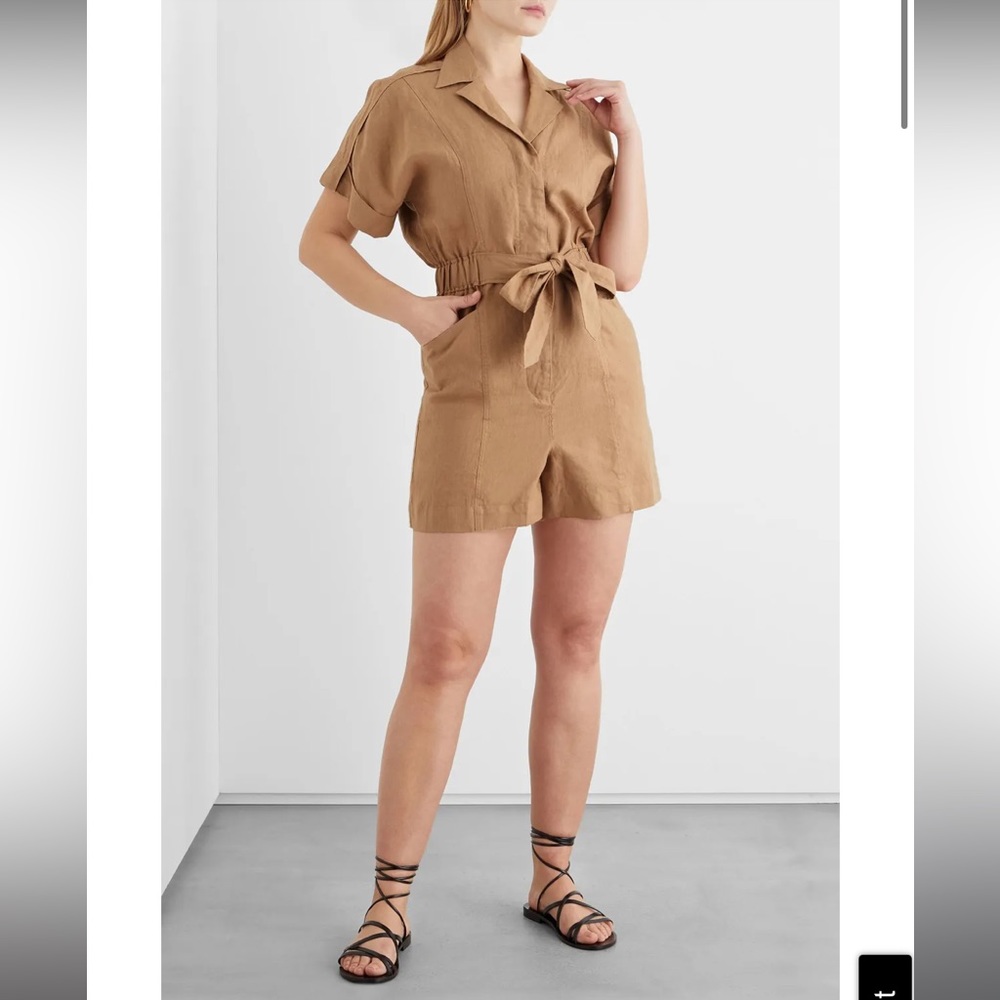 Iris + Ink Beige Noemie Tie Front 100% Linen Playsuit Romper Size 10‎